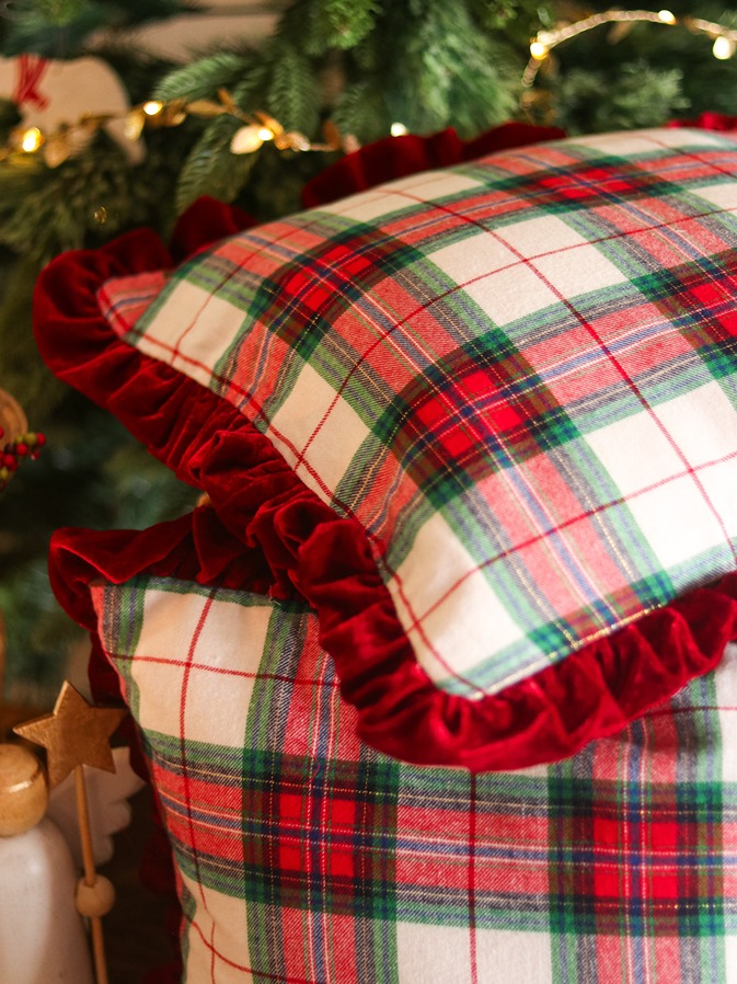 Cushion Covers - Christmas white plaid with maroon velvet ruffles around (16