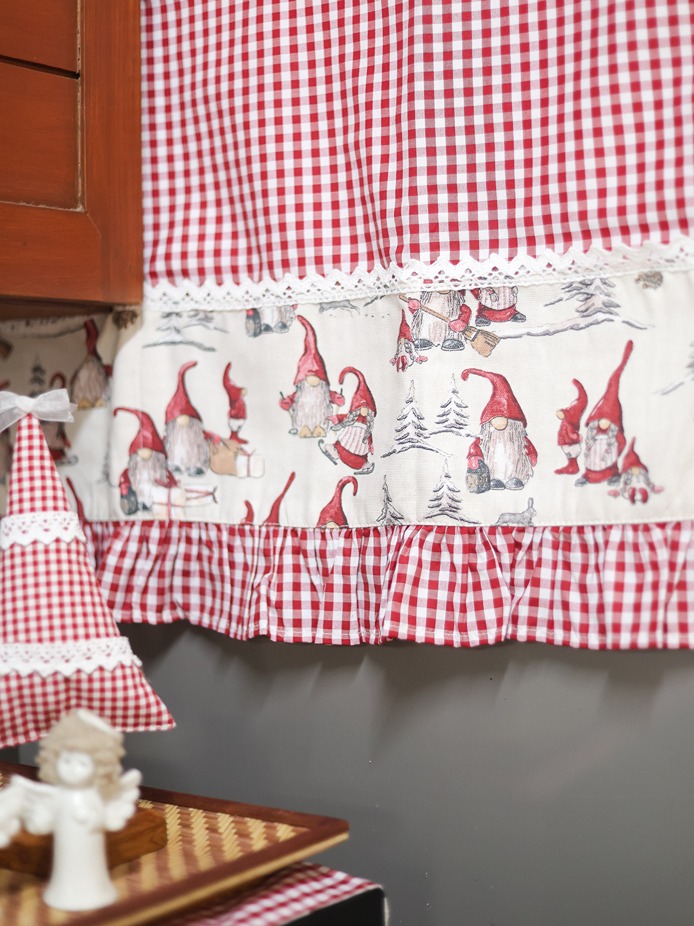 Fridge Top Cover - Maroon gingham with frills and elves themed detailing (Size: Large / Medium)