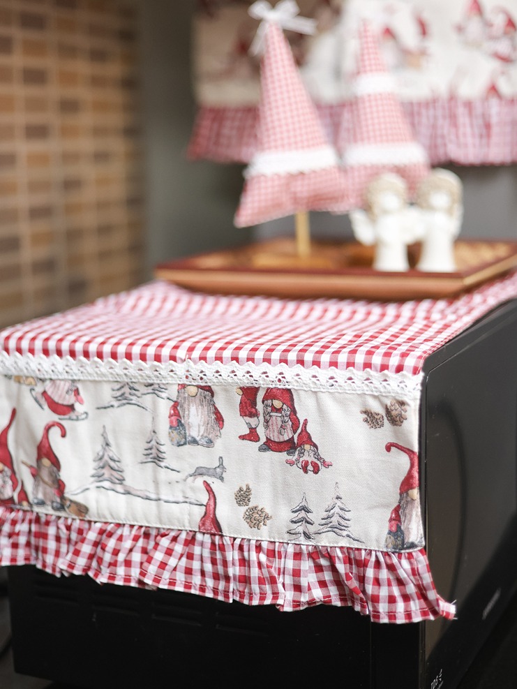 Oven Top Cover - Maroon gingham with frills and elves themed detailing 