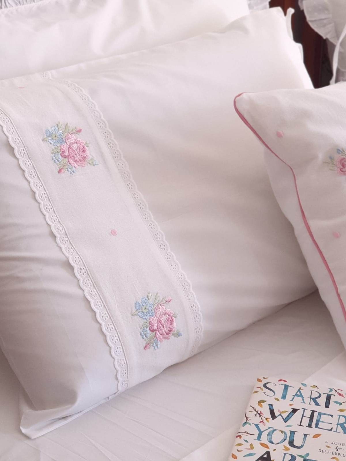 Pillow Covers - Petite rose collection - floral embroidery patchwork with lace detailing (Set of 2 units)