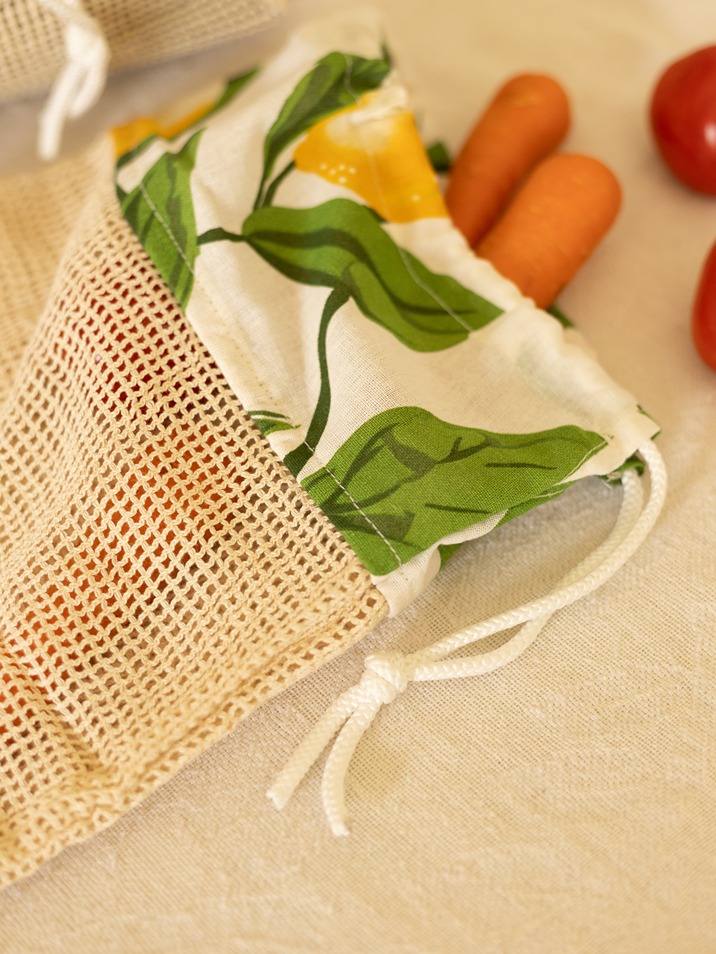 Reusable Veggie Bag - Lemon on beige jute cotton - (Size: Large / Small)