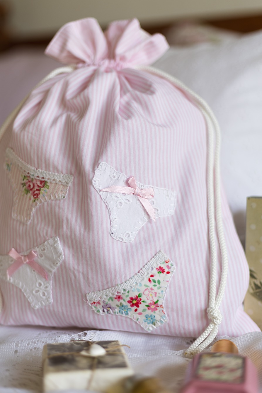 Drawstring Bag - Pink stripes with panty hand applique (Size: 12