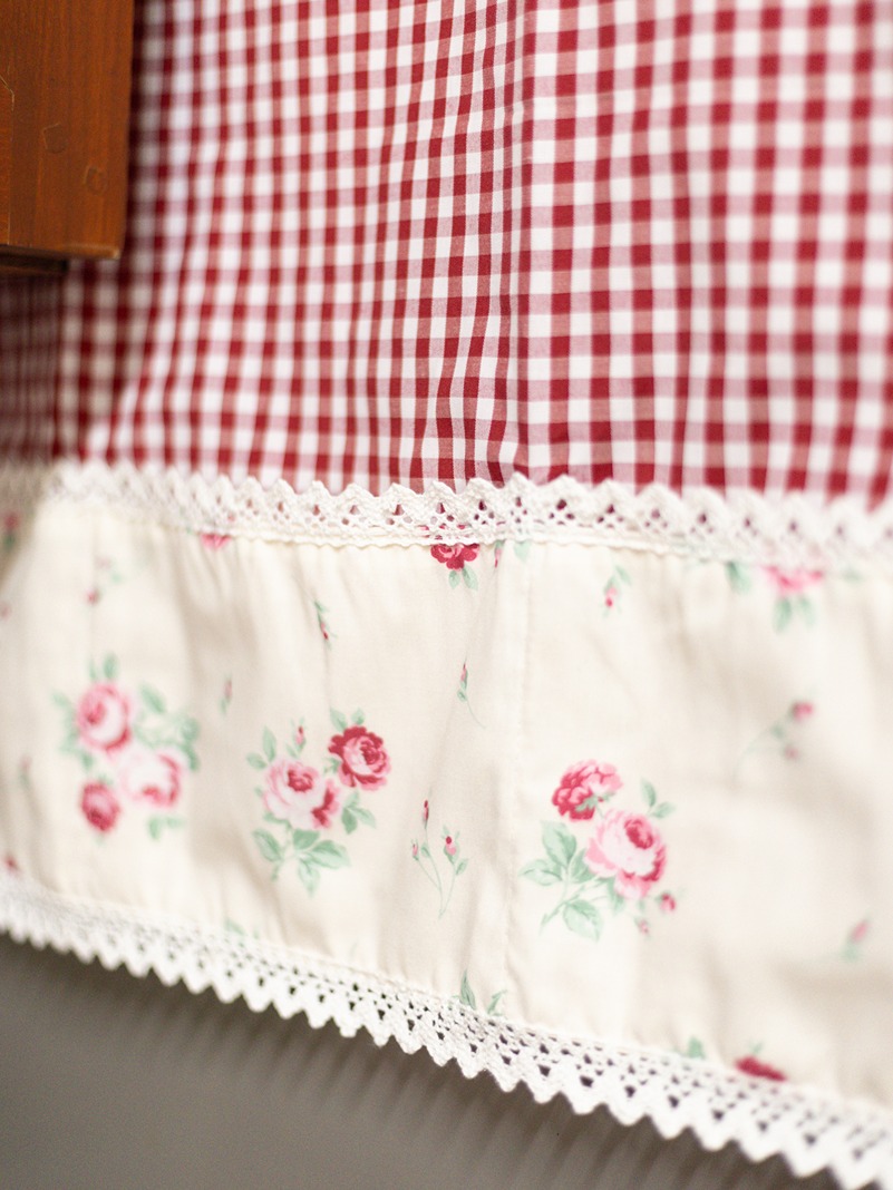 Fridge Top Cover - Maroon gingham with cream floral (Size: Large / Medium)