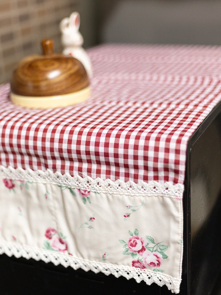 Oven Top Cover - Maroon gingham with cream floral