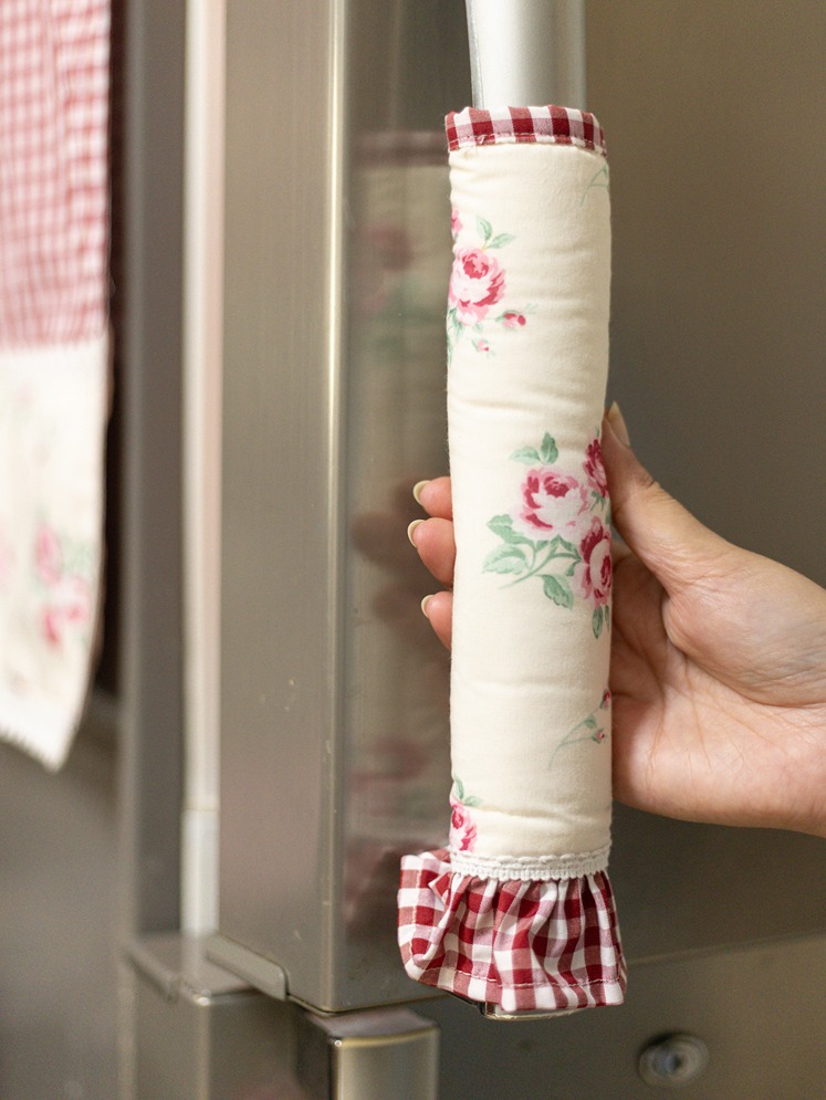 Fridge Handle Covers - Maroon gingham with cream floral (set of 2)