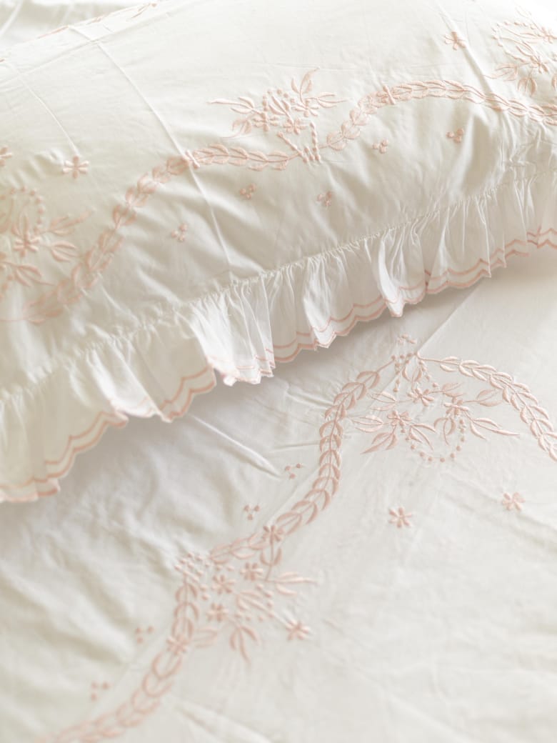 Bedding Set - White with peach embroidered bedcover with two pillow covers - (Size: king / queen) - PRE-ORDER ONLY