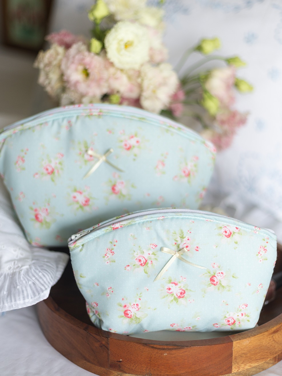 Multipurpose Pouch / Cosmetic Kit - Blue petite rose - Set of Two (Medium & Large)