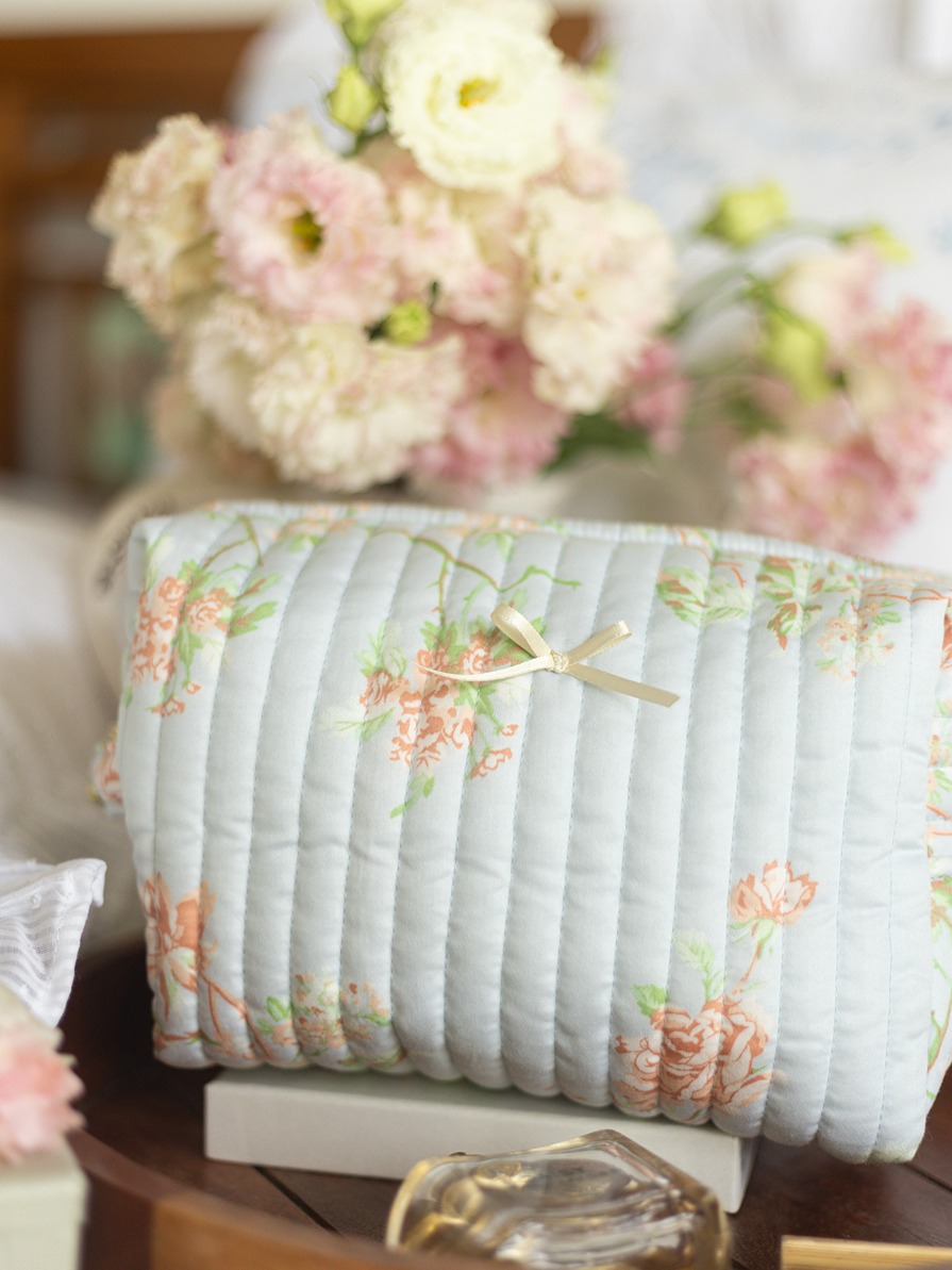 Quilted Multipurpose Pouch / Cosmetic Kit - Pastel Blue Floral (Large size: 9