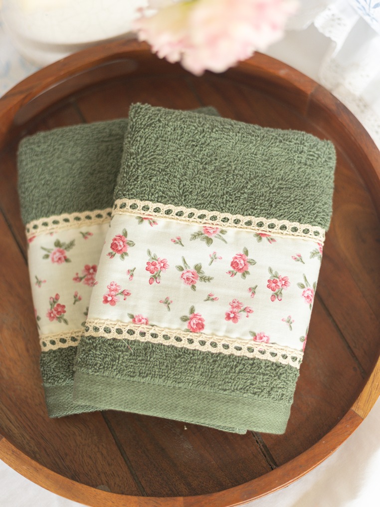 Hand Towel - Economy - Green - with petite floral (Size: 16