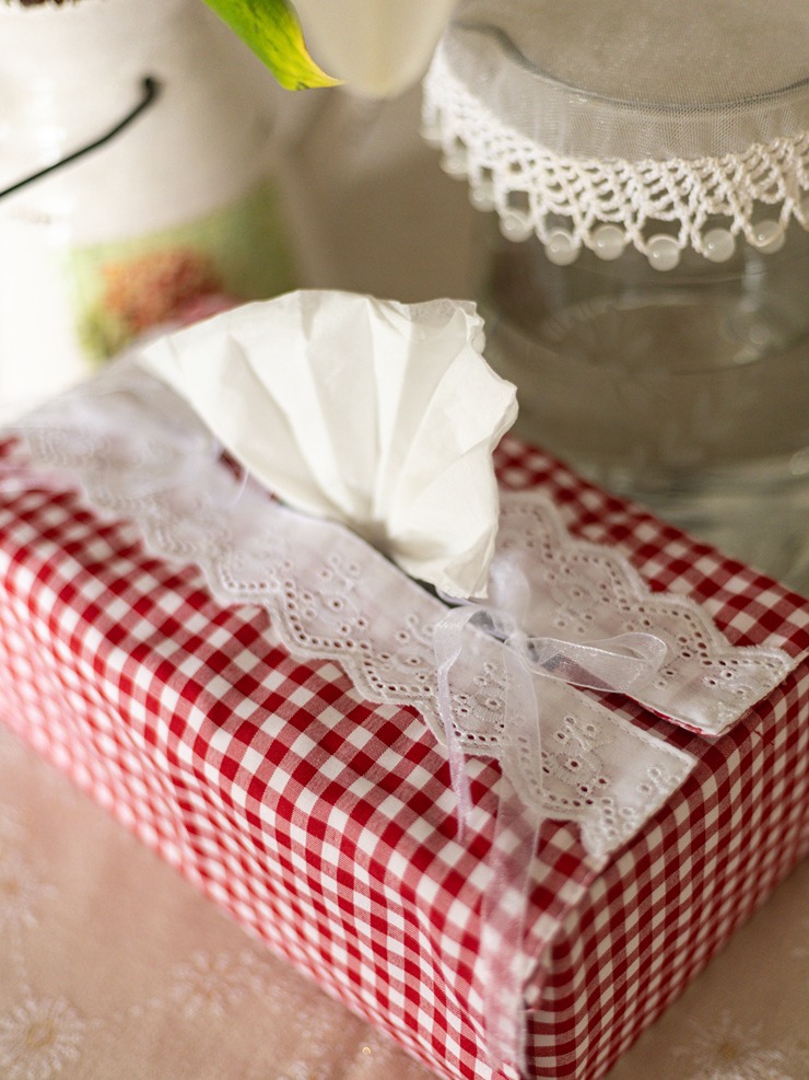 Tissue Box Cover - Classic Red Gingham And Lace Themed (Single Unit) - Large 