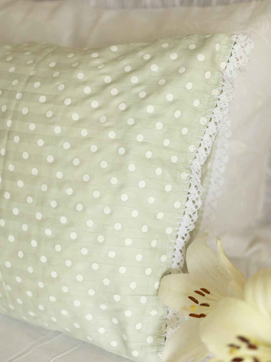 Pillow Covers - Pastel polka with white handmade crochet lace detailing (Set of 2 units)