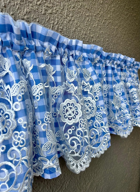 Kitchen Valance - Blue gingham with lace detailing (Size: 12