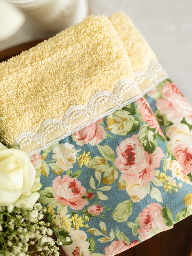 Premium Hand Towel - Yellow with floral and lace (Size: 16