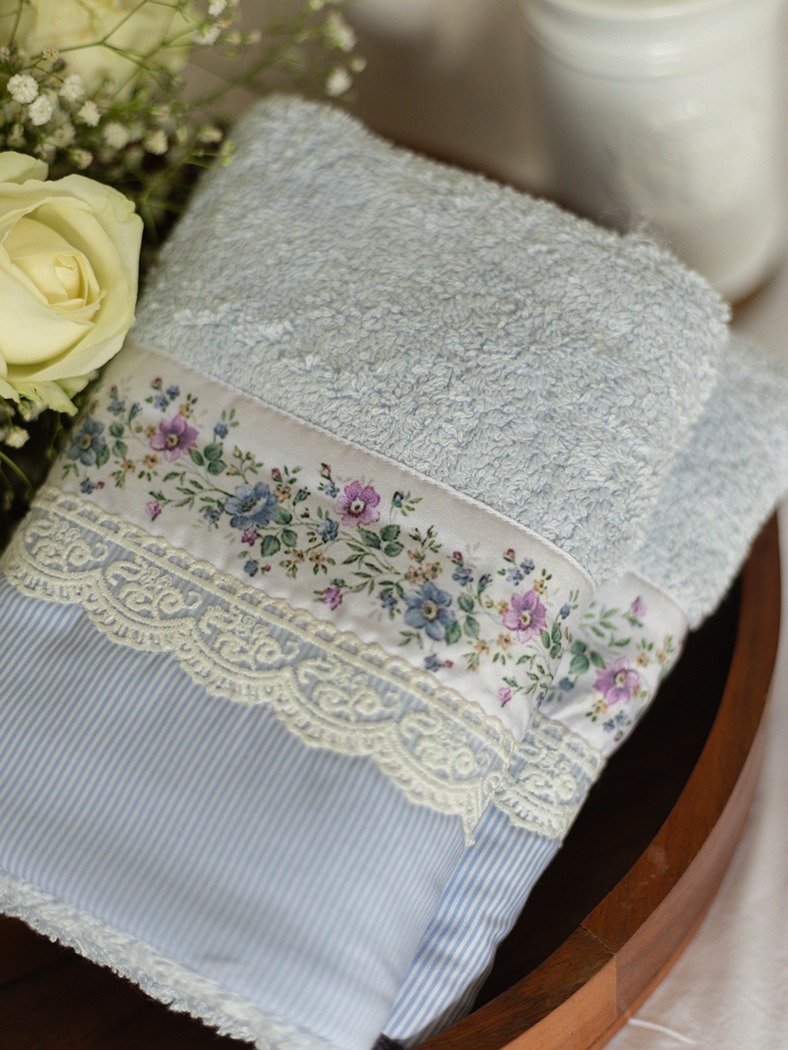 Premium Hand Towel - Blue with floral creeper, stripes and lace lace (Size: 16