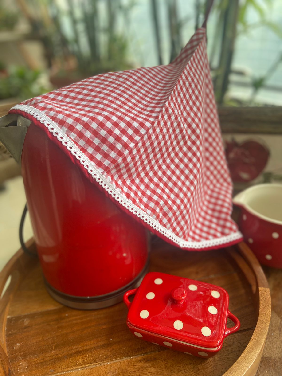Kitchen Appliance Cover (Round, For Mixies, Kettles etc ) - Classic red gingham with lace