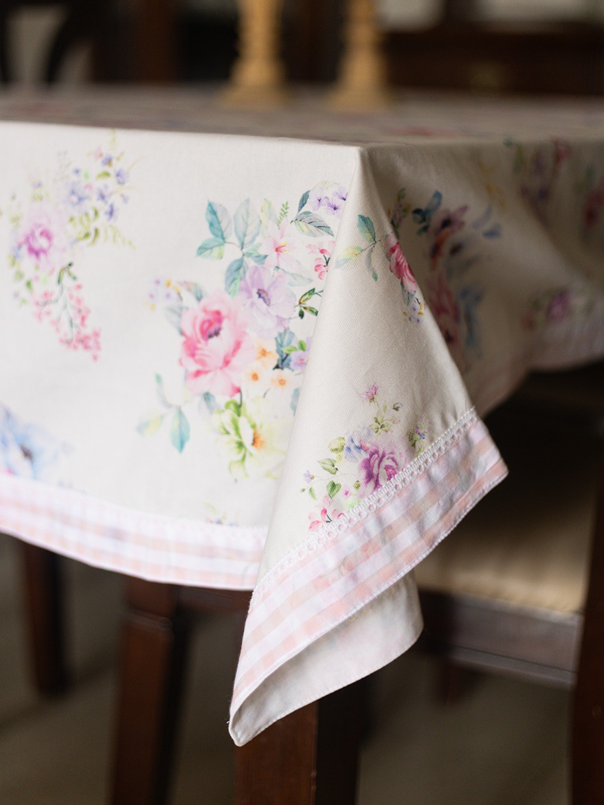 Table Cover - Rosé Elegance with pink gingham border (4 Seater / 6 Seater / 8 Seater)
