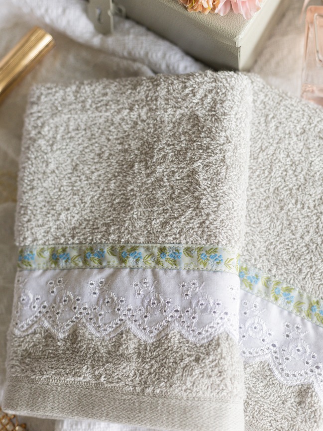 Hand Towel - Light grey with lace and floral ribbon (Size: 16