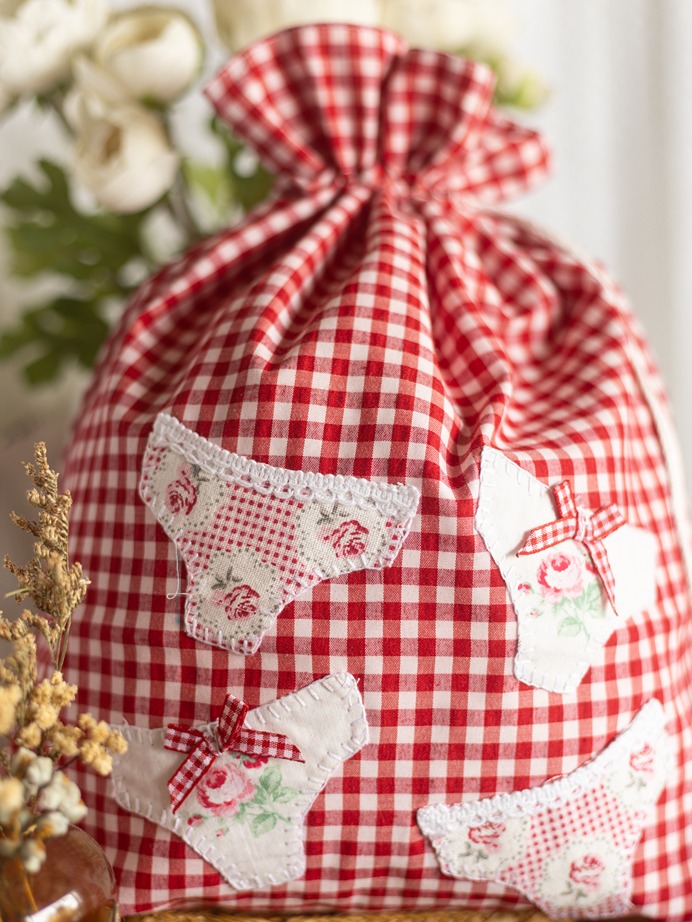 Drawstring Bag - Red Gingham with undergarments hand applique detailing (Size: 12