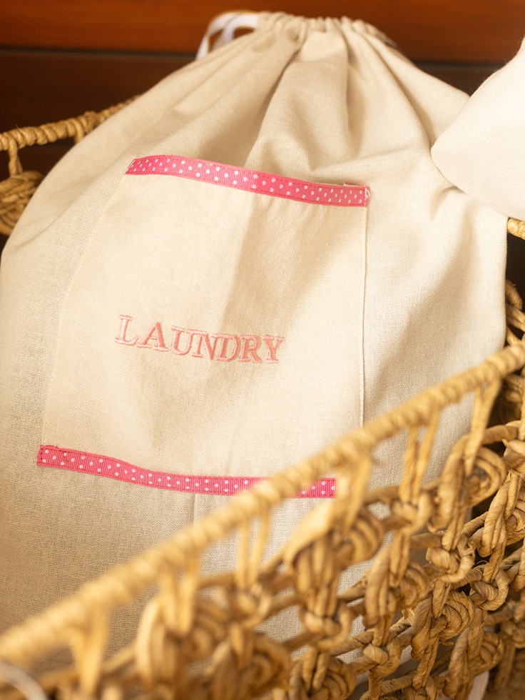 Laundry Drawstring Bag - Beige with Pink Detailing (Size: 20