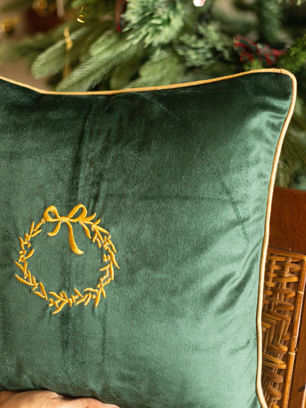 Cushion Covers - Green Velvet with Golden Wreath Embroidery (16