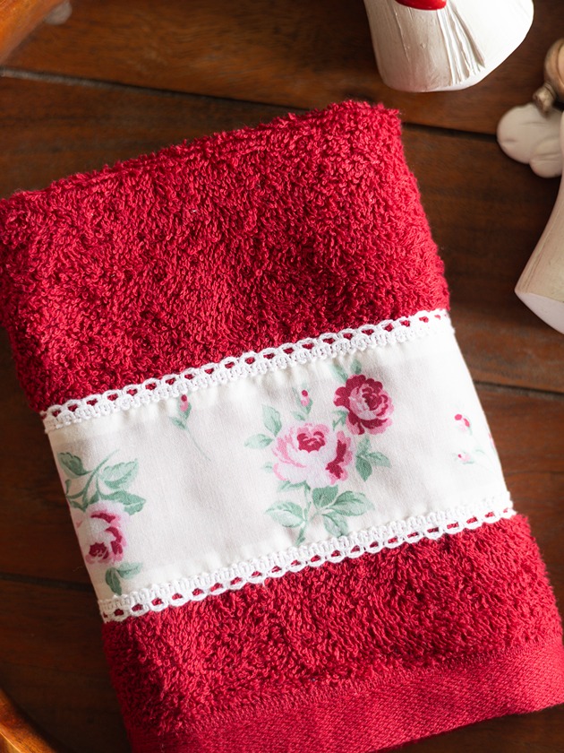 Hand Towel - Red with cream rose band (Size: 16