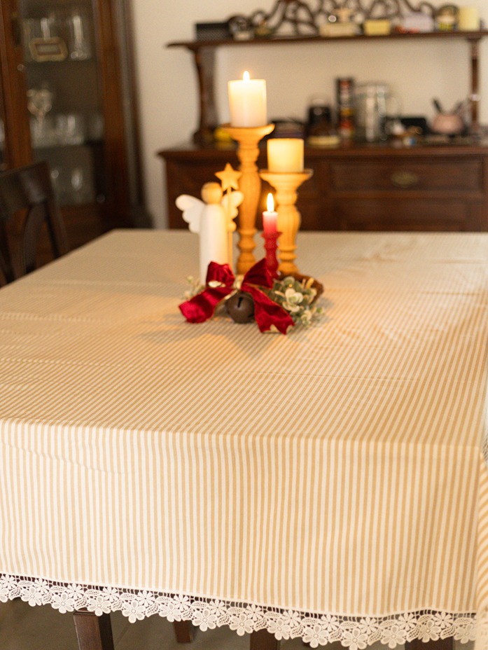 Table Cover - Classic Bold Beige Stripes with elegant lace (4 Seater / 6 Seater / 8 Seater)