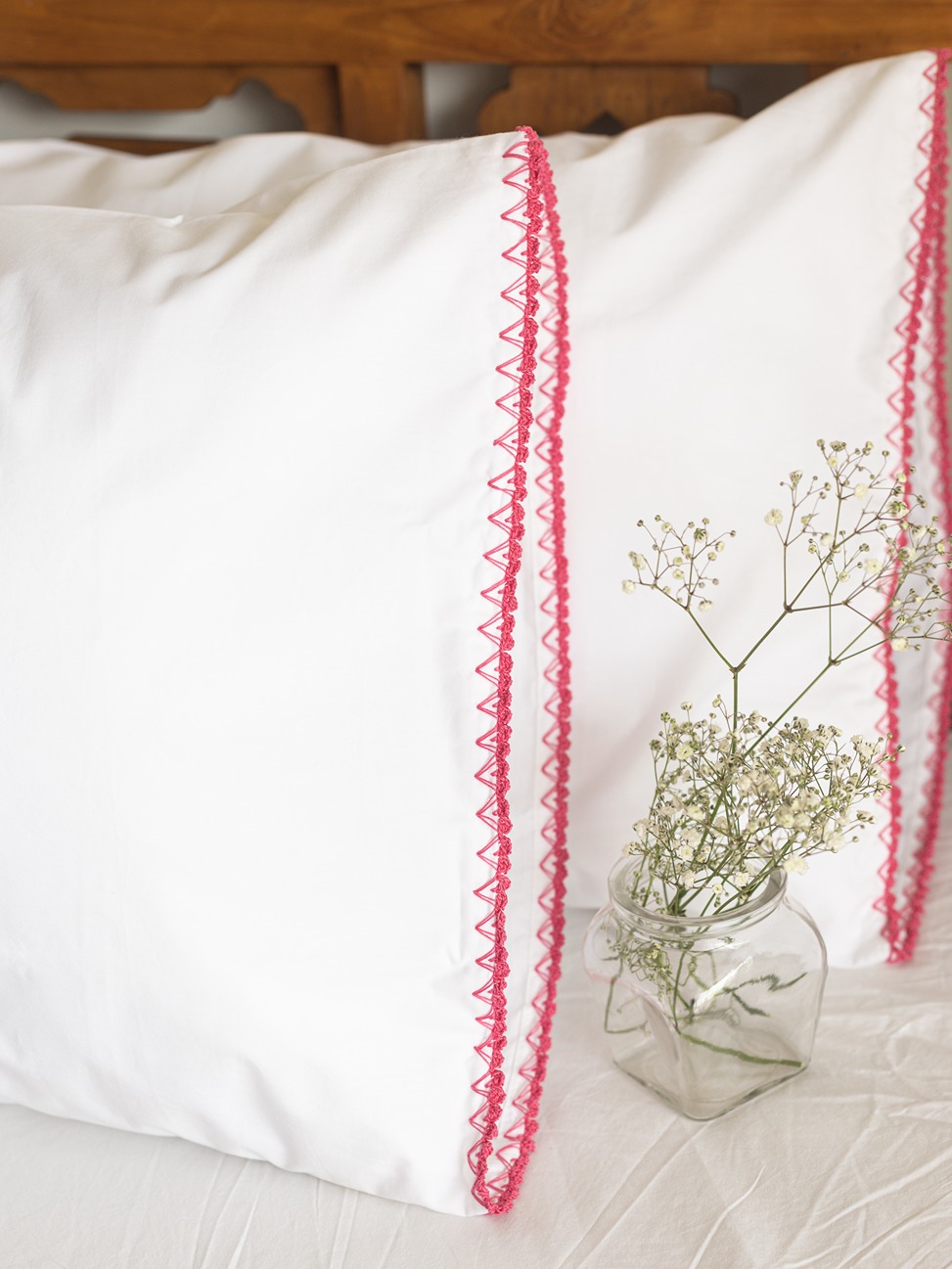 Pillow Covers - White with pink heart themed handmade crochet detailing (Set of 2 units)