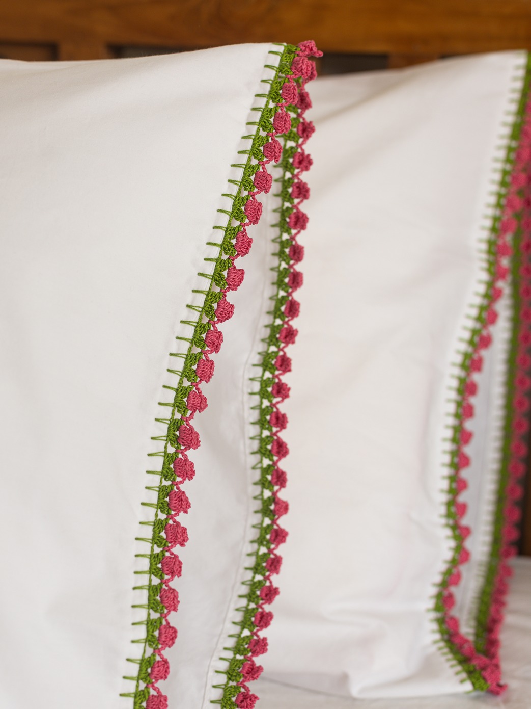 Pillow Covers - White with pink tulip detailed handmade crochet edges (Set of 2 units)