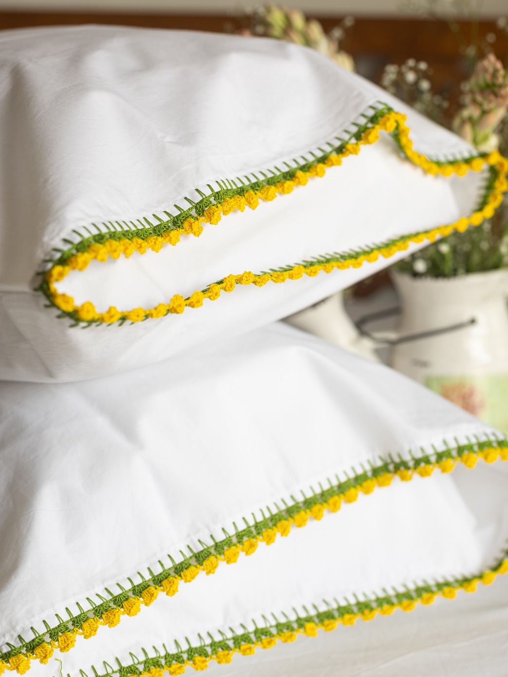 Pillow Covers - White with yellow tulip detailed handmade crochet edges (Set of 2 units)