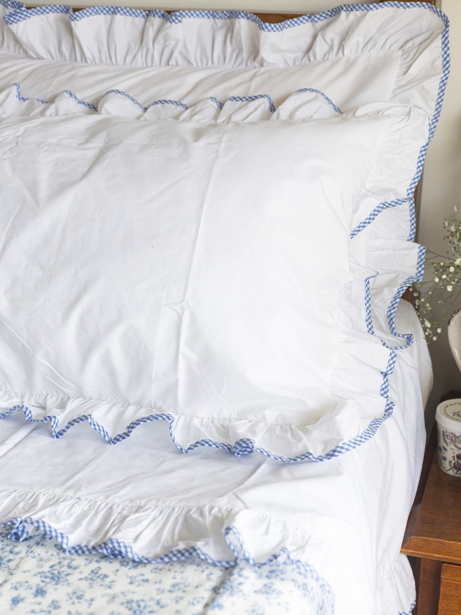 Pillow Covers - White with blue gingham detailing on ruffled edges around (Set of 2 units)