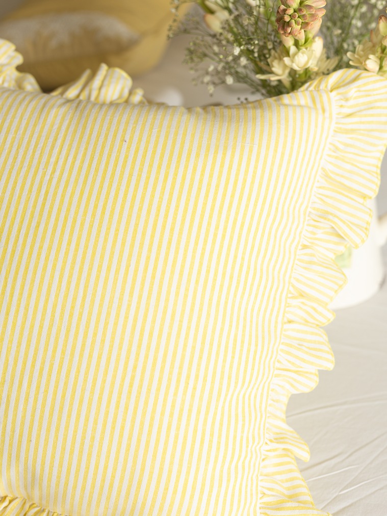 Cushion Covers - Soft yellow stripes with ruffled edges (16