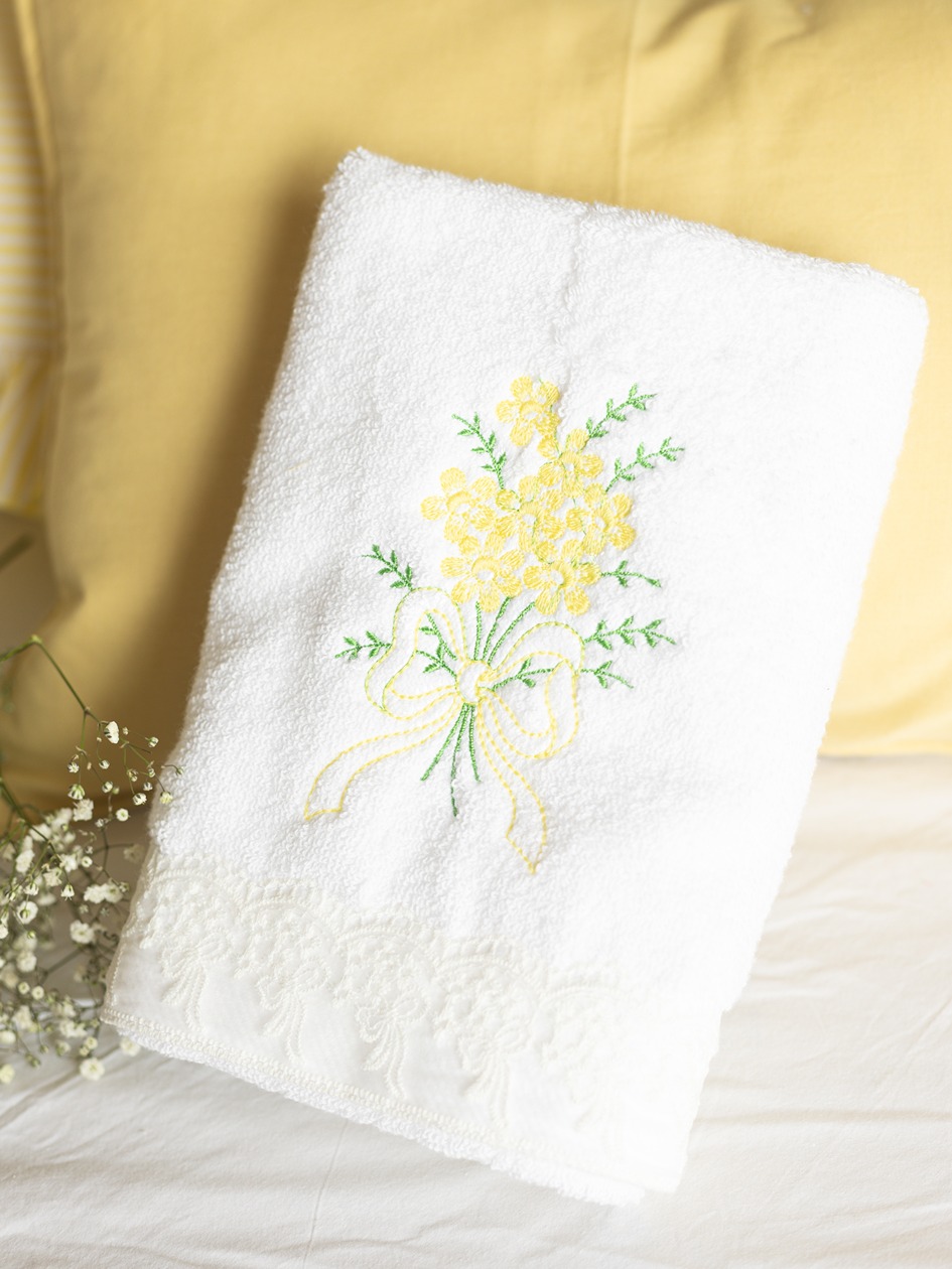 Hand Towel - Yellow with embroidery - Red (Size: 16