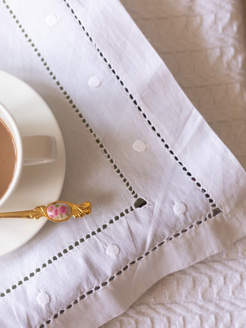 Hand Embroidered Tray Cloth - White with cutwork and polka embroidery (Small Size; Single Unit)