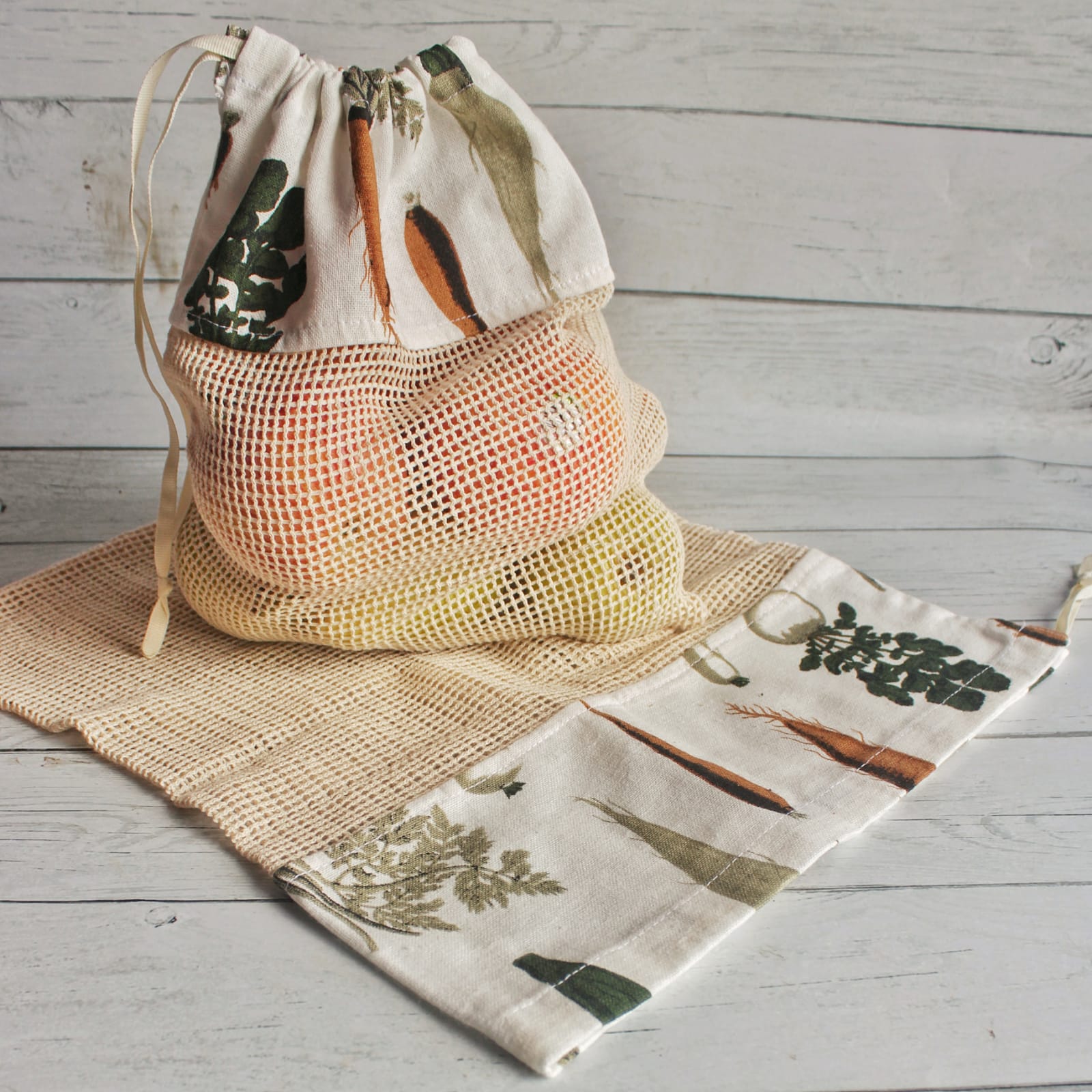 Reusable Veggie Bag - root vegetable themed on jute cotton