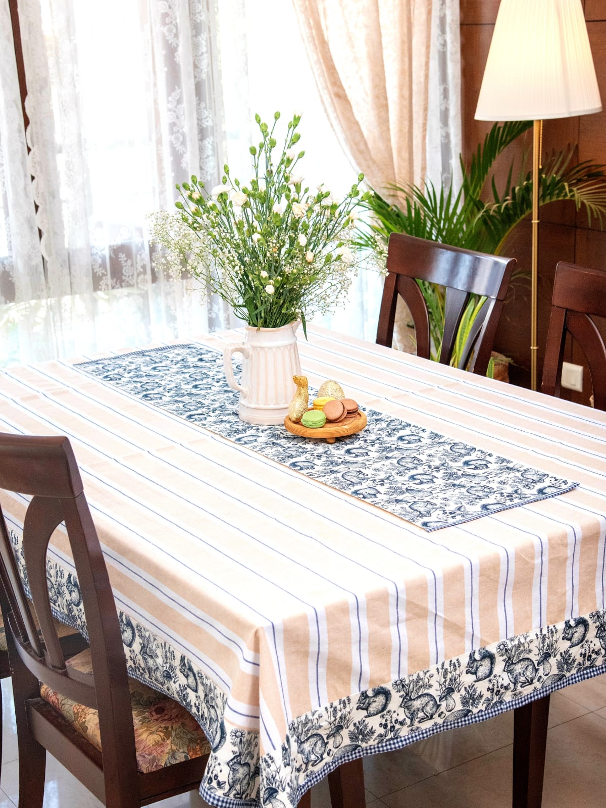 Table Cover - Beige & Blue - Forest animal themed (4 Seater / 6 Seater / 8 Seater)