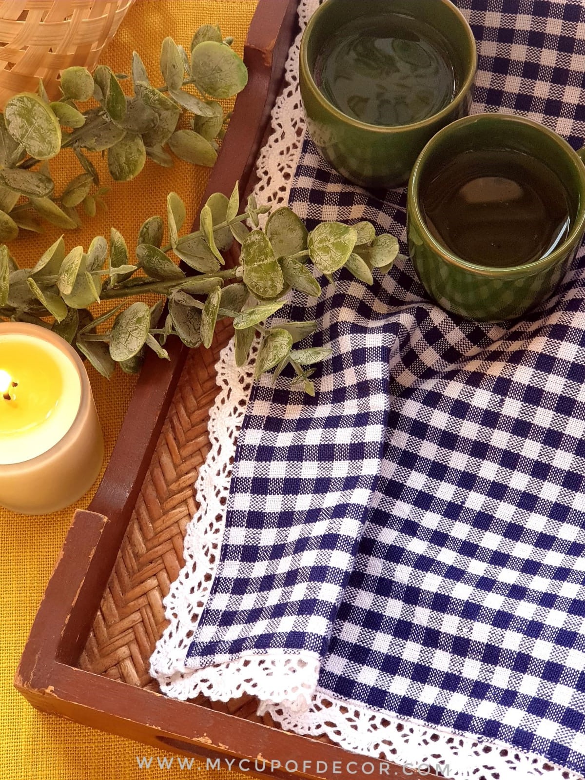 Tray Cloth - Navy blue gingham with fine lace themed (Small / Large)