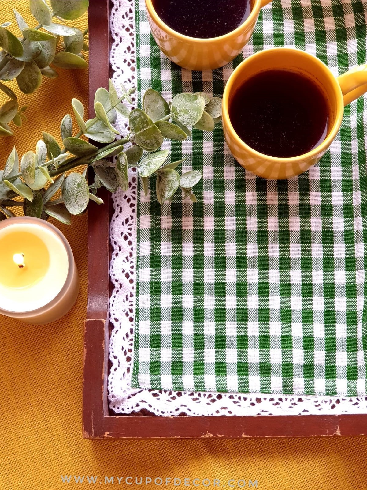 Tray Cloth - Green gingham with fine lace themed (Small / Large)