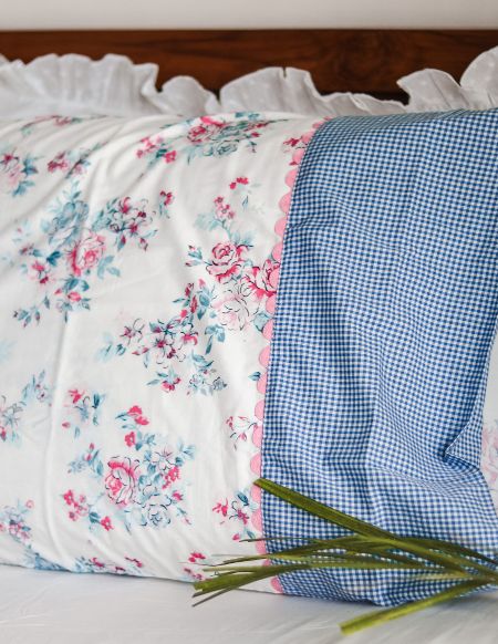 Pillow Covers - Timeless Blue Collection - Floral with blue gingham patchwork (Set of 2 units) 