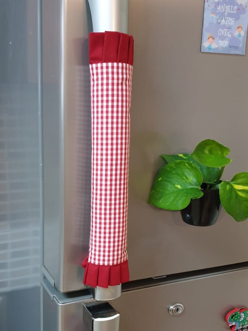 Fridge Handle Covers - Red Checks with double side frills