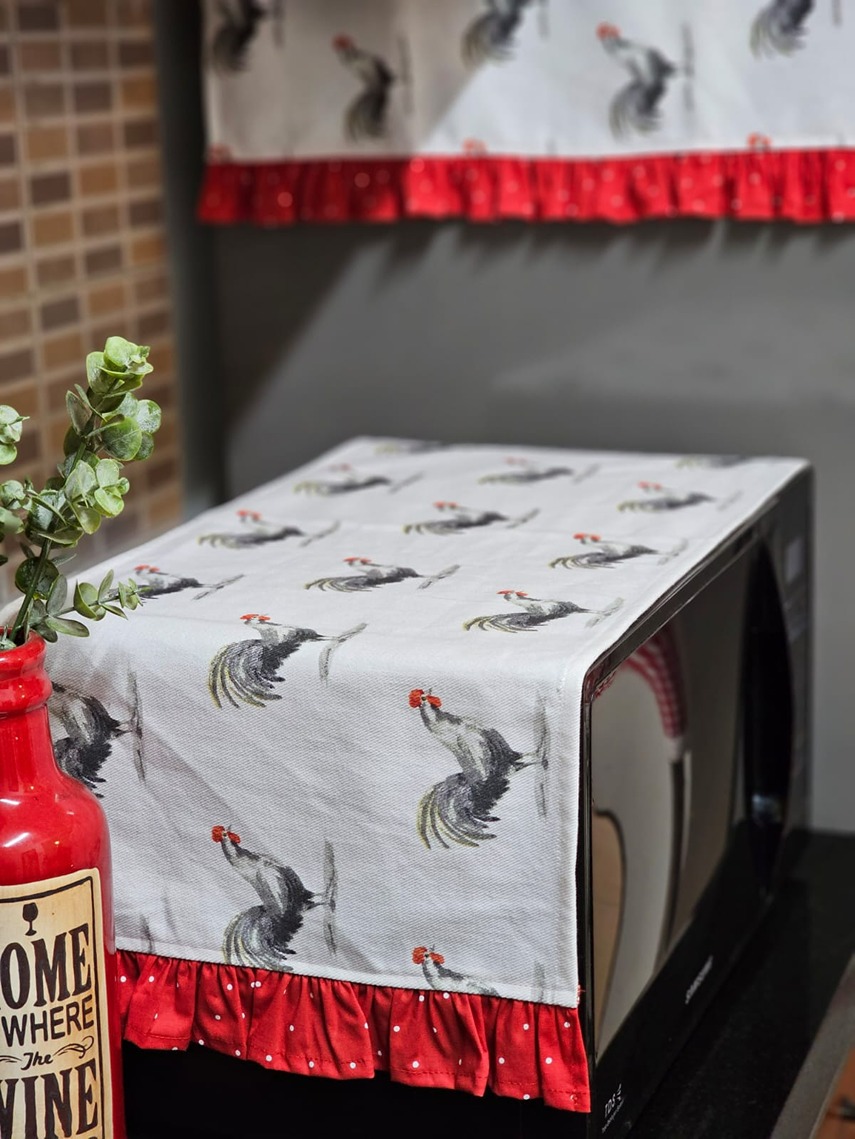 Kitchen Appliance Cover (For Oven) - Rooster themed with red polka ruffles 
