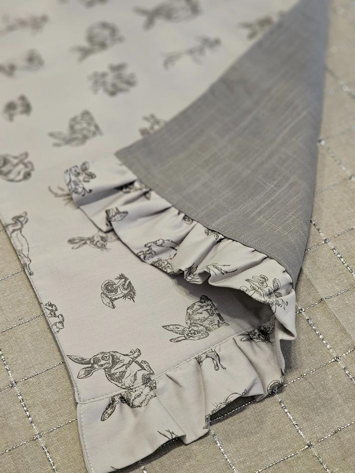 Table Runner - Bunny themed on grey with ruffles (Size: 13.5