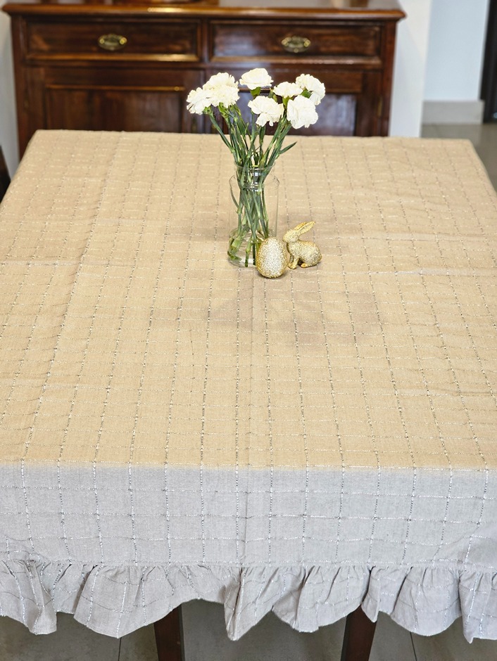 Table Cover - Festive grey with silver checks and ruffles (4 Seater / 6 Seater / 8 Seater)