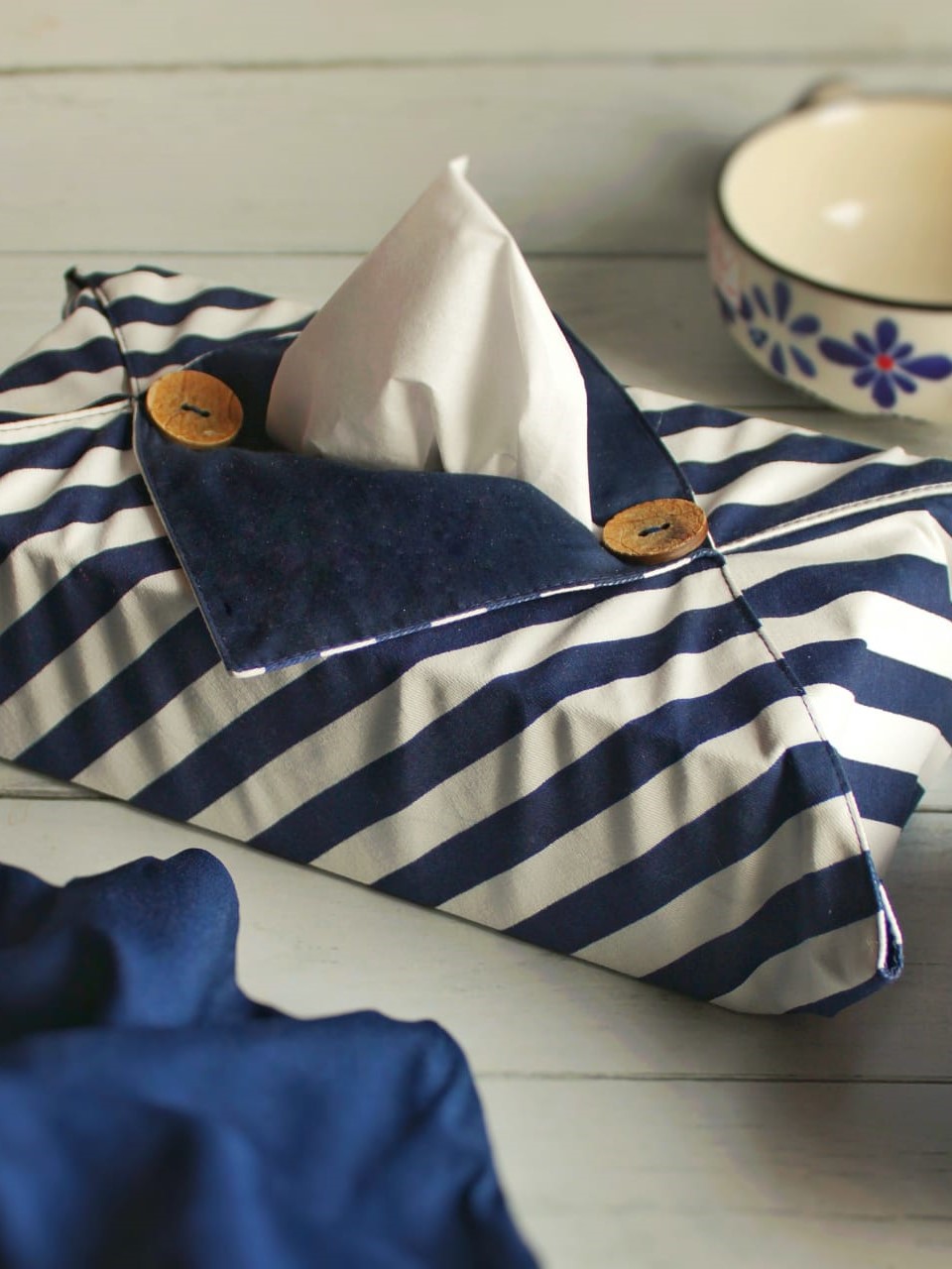 Tissue Box Cover - Navy blue with awning stripes (Single Unit)