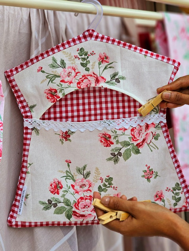 Peg Bag - Red gingham and floral bouquet 
