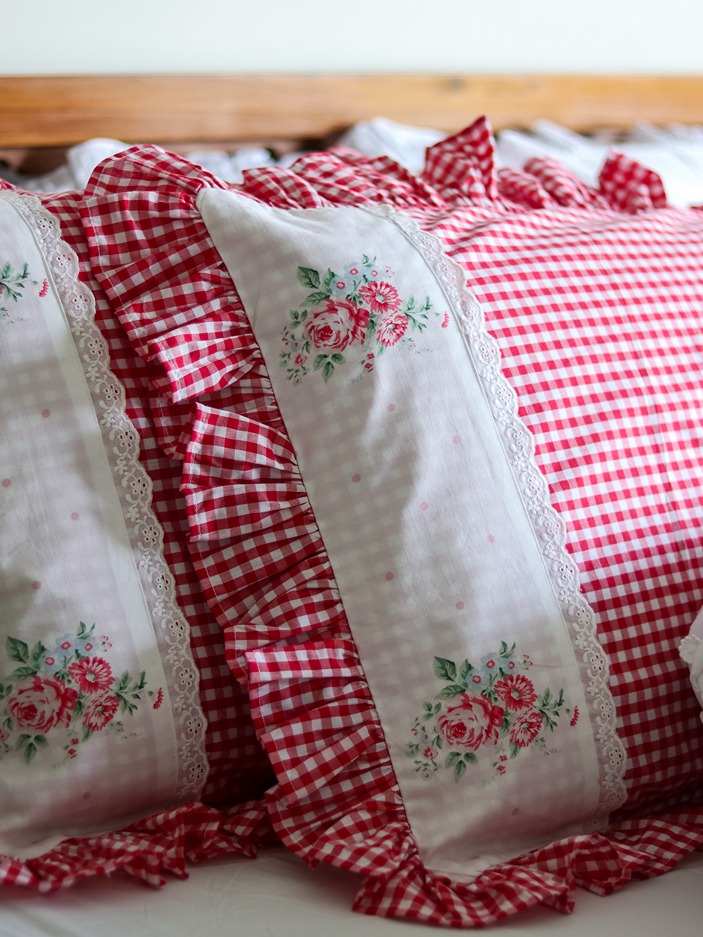Pillow Covers - Red Gingham and floral themed with ruffled edges (Set of 2 units / Single unit) 