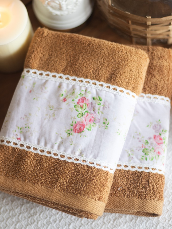 Single Hand Towel - Light brown with pinkish floral and lace detailing (Size: 16