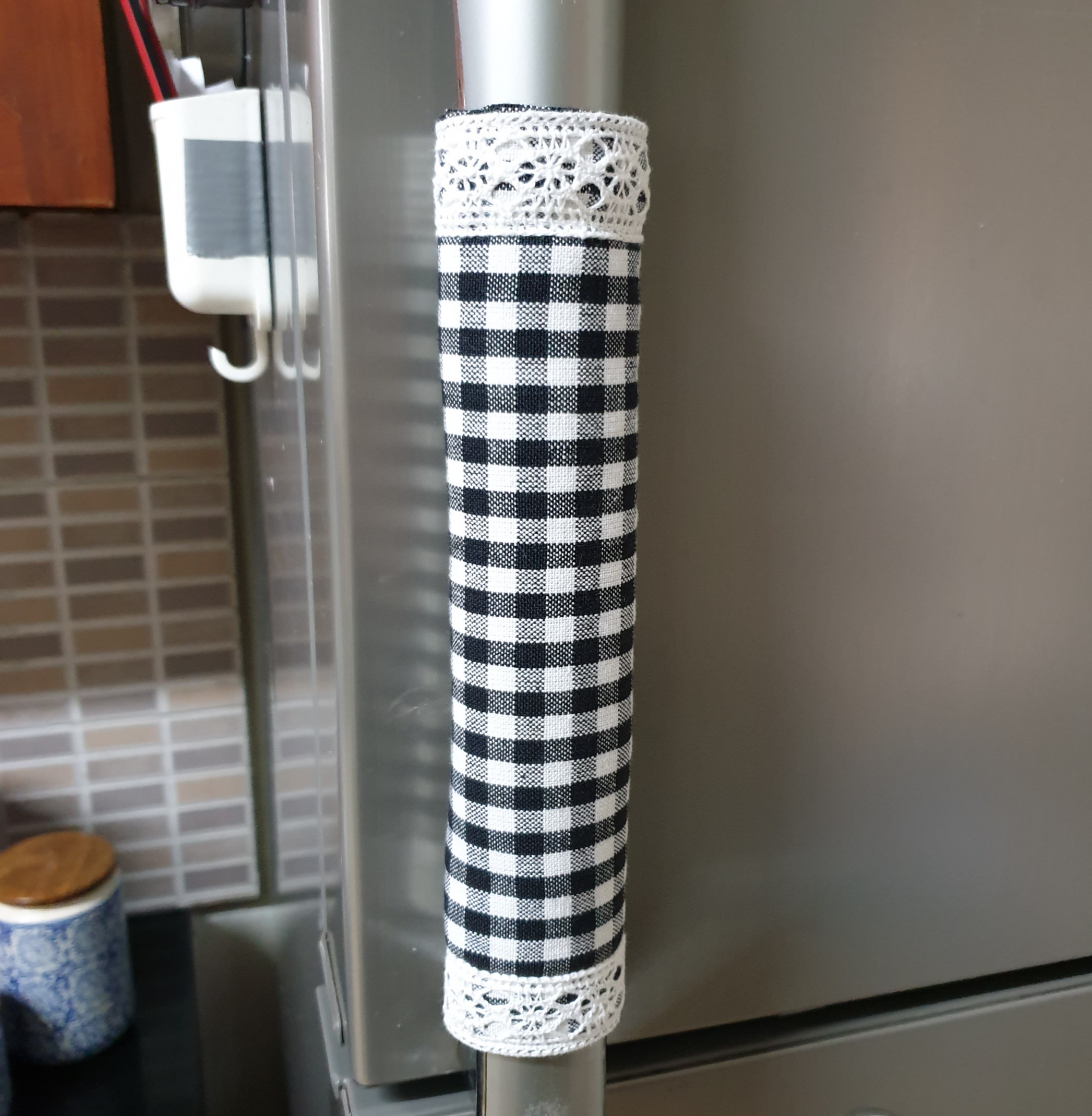 Fridge Handle Covers - Classic black & white gingham with lace themed (Set of 2)