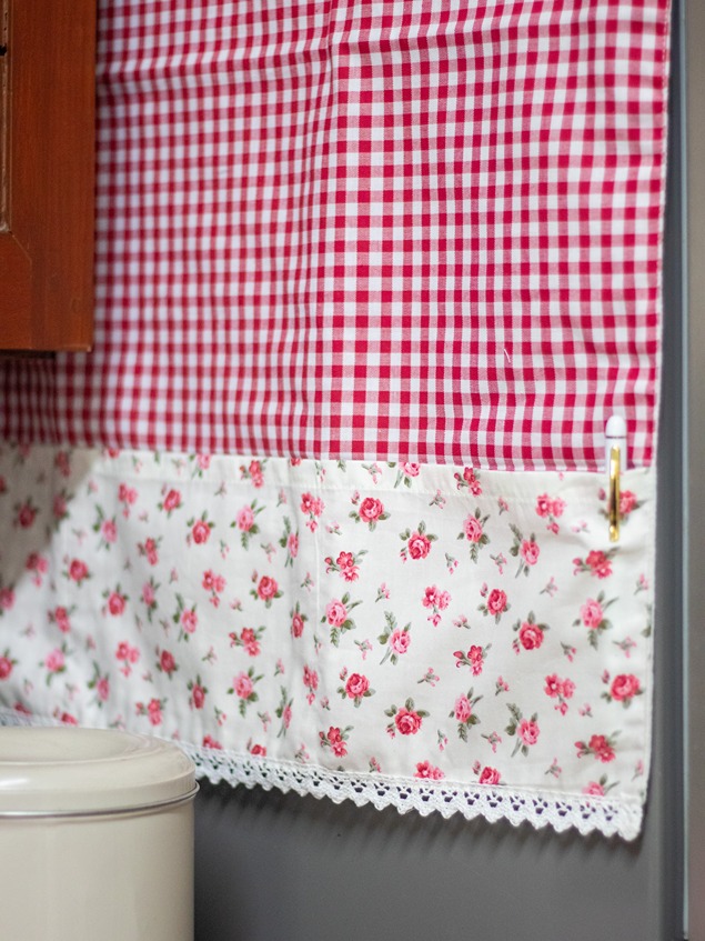 Kitchen Appliance Cover (For Fridge Top) - Red gingham with petite floral and lace detailing