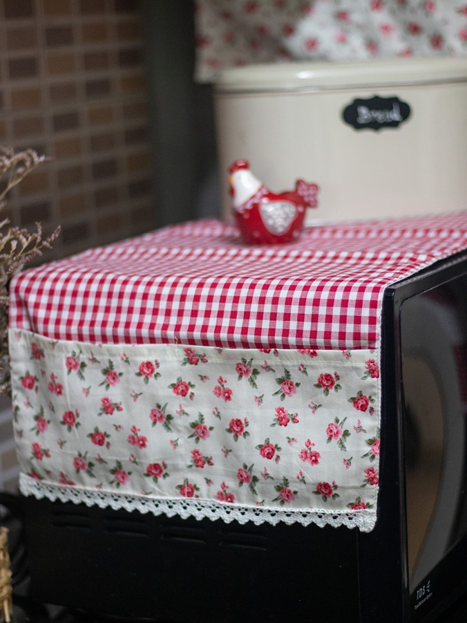 Kitchen Appliance Cover (For Oven) - Red gingham with petite floral and lace detailing