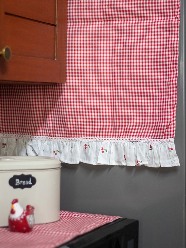 Kitchen Appliance Cover (For Fridge Top) - Red gingham with cherry theme ruffled edges